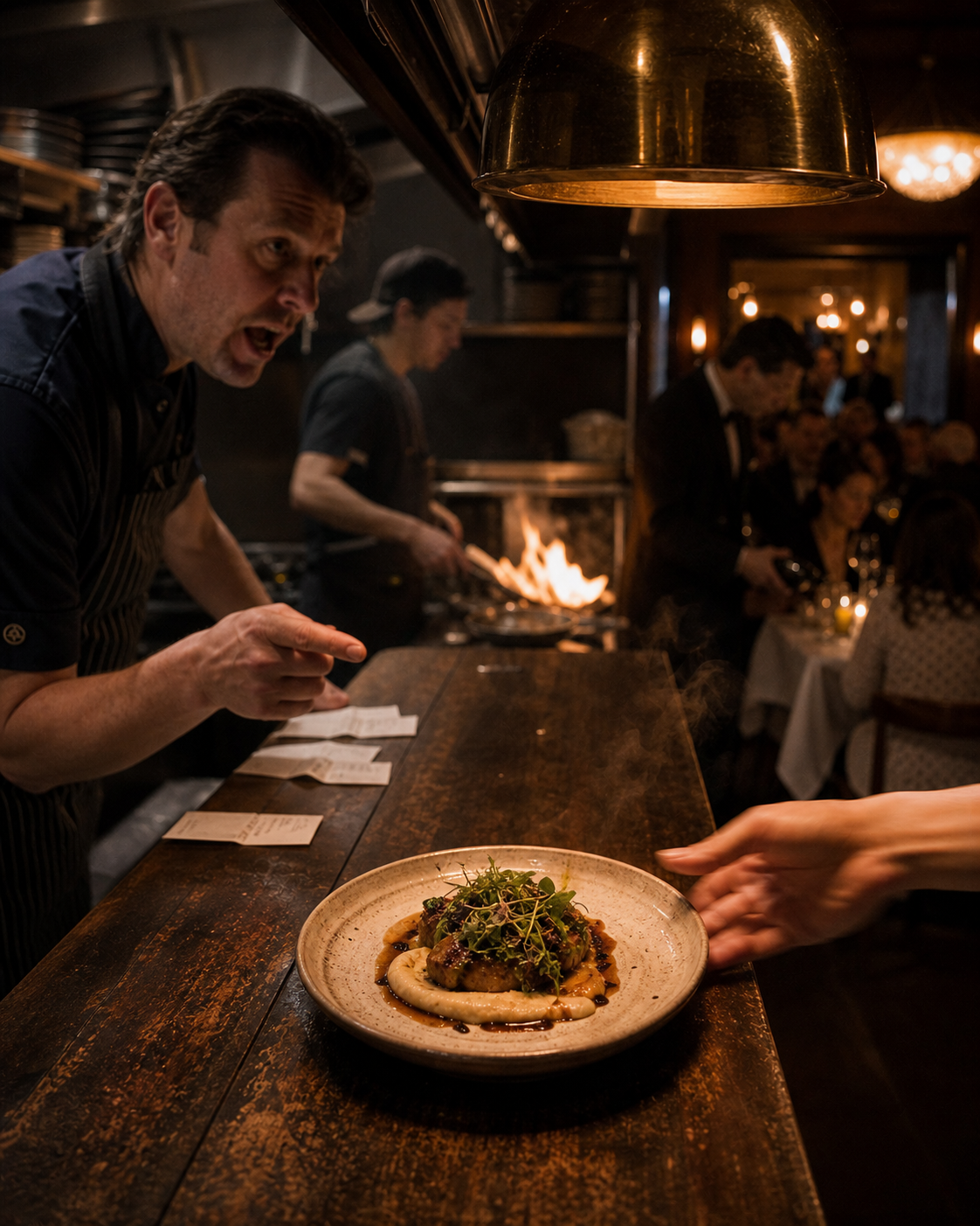 A finished plate in the open kitchen during evening service, with the chef de cuisine, line, runner, and dining room all alive in soft focus around it