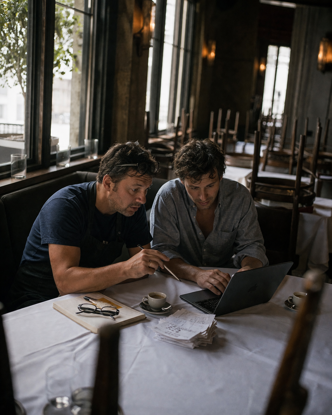 A chef-owner and a Mise builder working side-by-side in a real restaurant between services