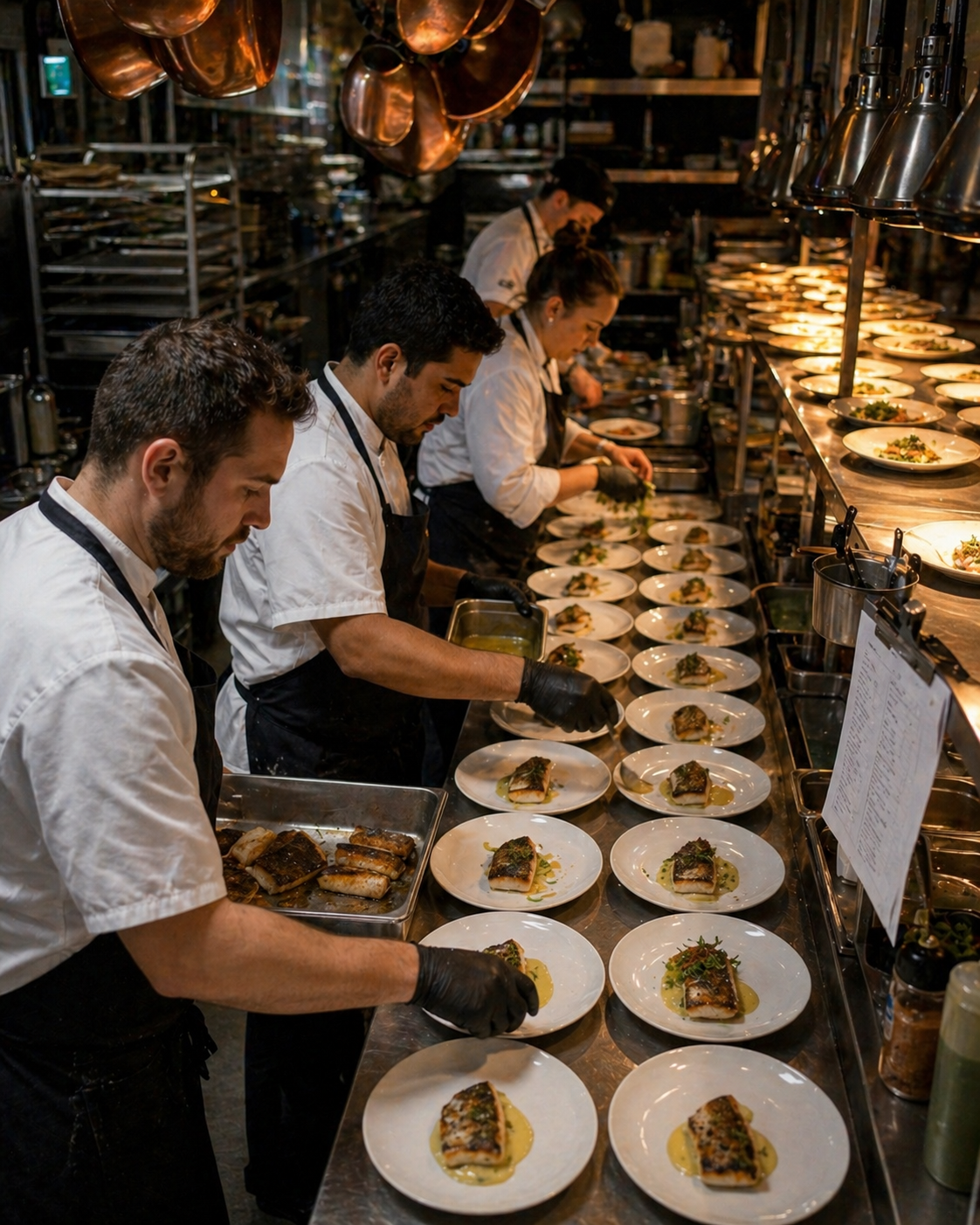 Catering team plating in unison