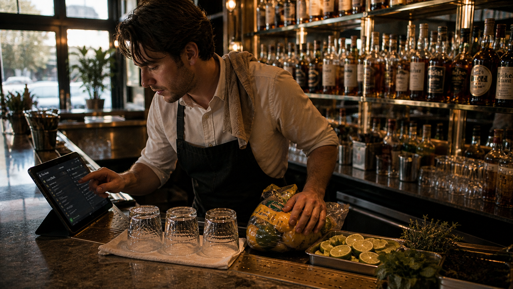 Bartender mid-prep before service, ticking through opening checks on a tablet propped at the bar