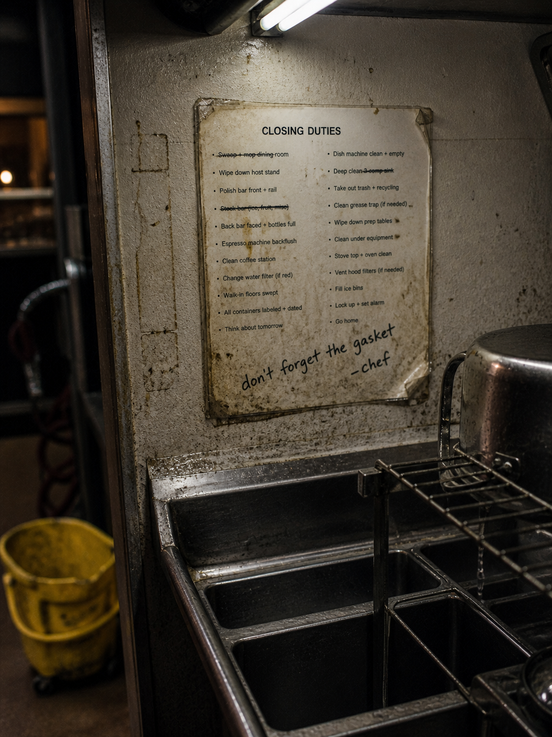 Yellowed laminated closing checklist taped above a dish station, half the items smudged with grease and Sharpie addenda