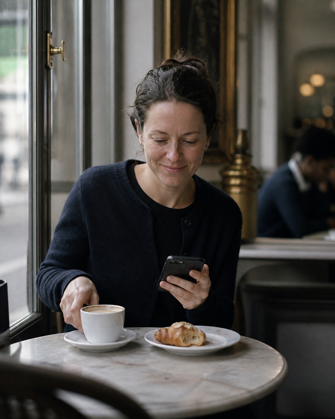 Café regular glancing at her phone and smiling at an email that landed exactly right