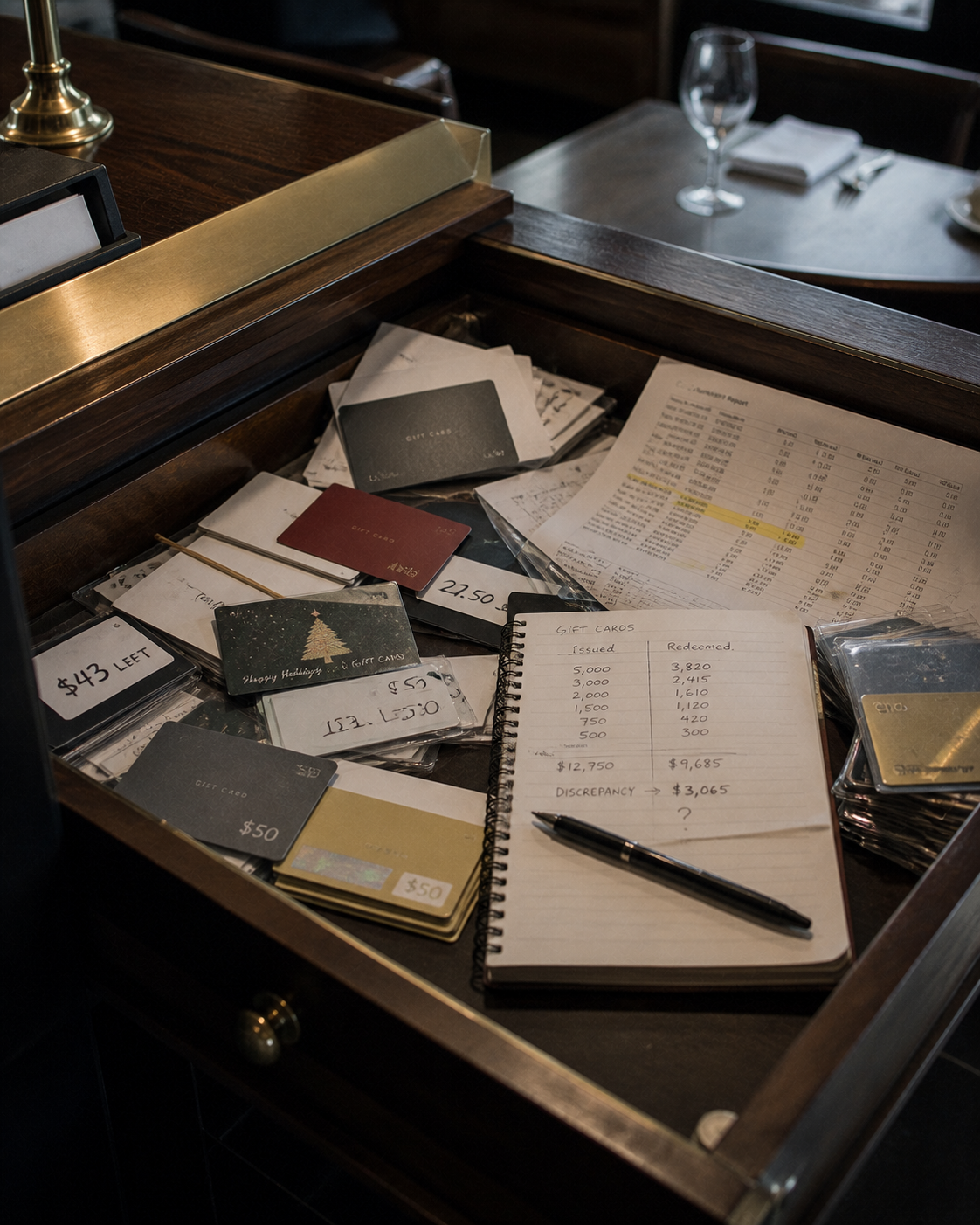 Open host-stand drawer of mismatched plastic gift cards and a third-party vendor printout