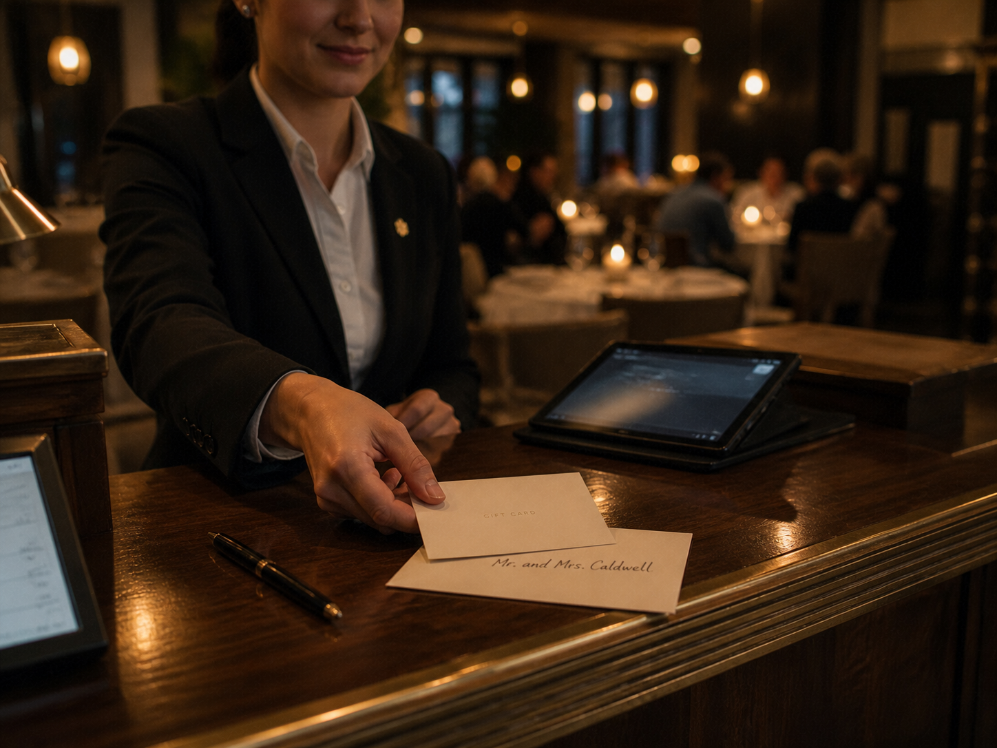Host gracefully presenting a gift card envelope at the host stand at the start of service