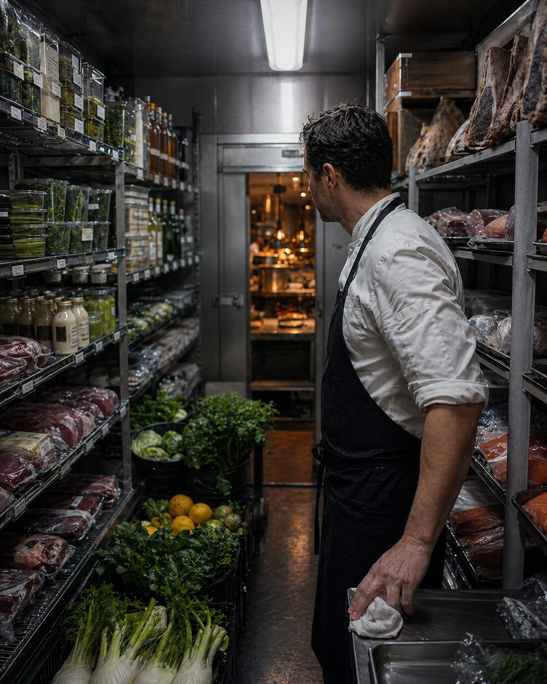 Stocked walk-in cooler shelves