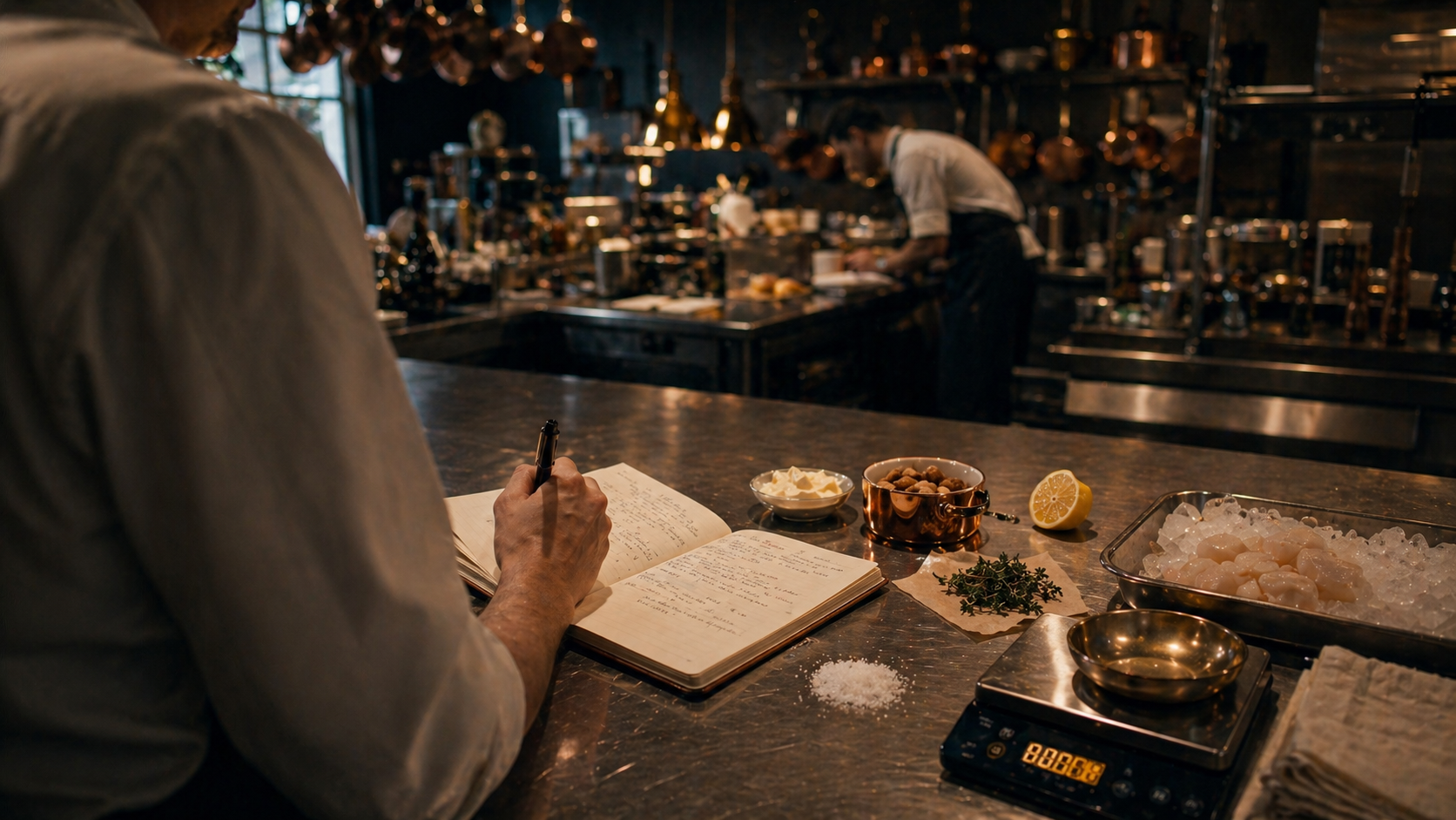 Chef writing in a recipe notebook