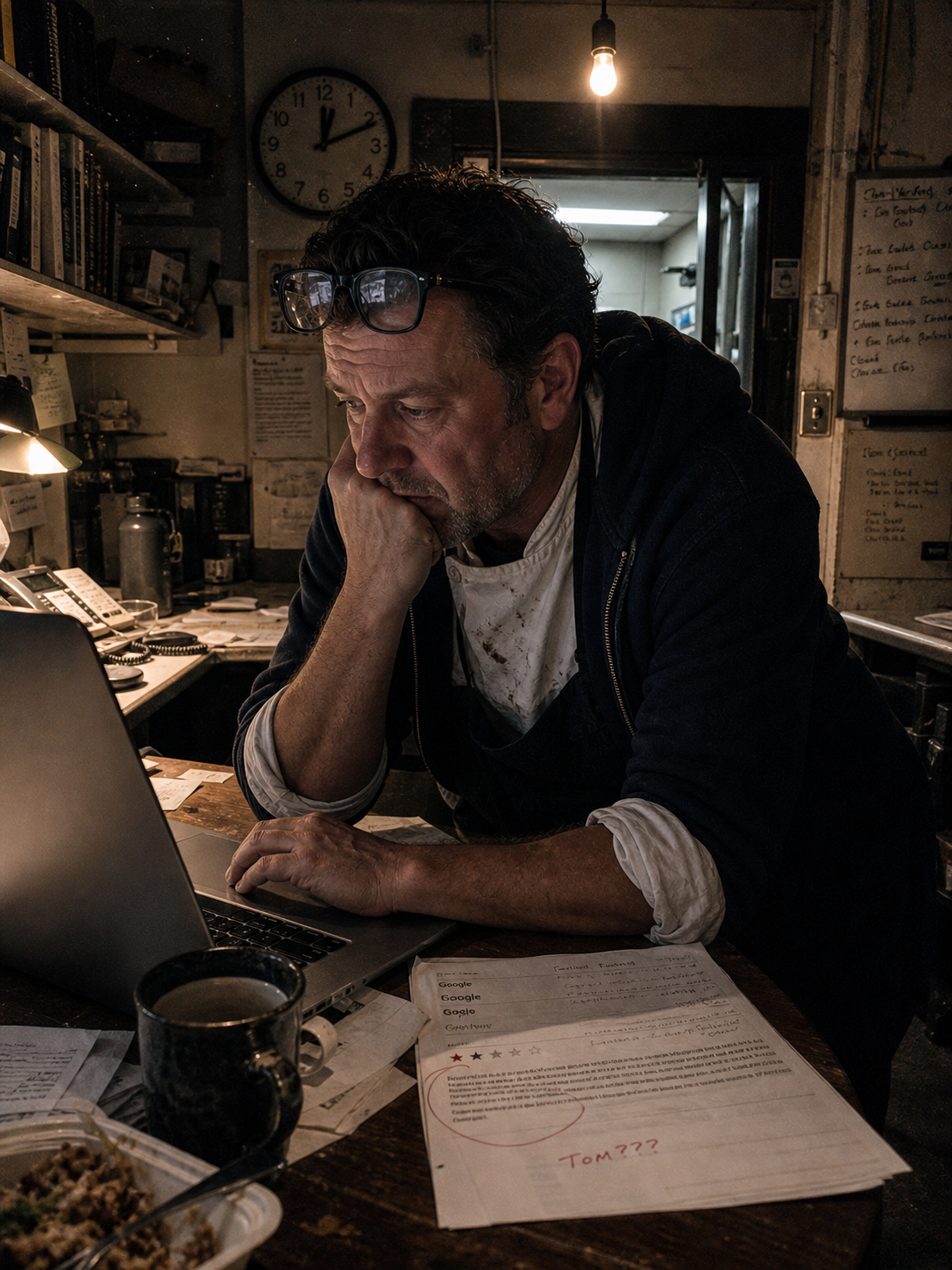 Chef-owner past midnight at his back-office desk, sighing in front of a laptop full of unanswered Google, Yelp, and OpenTable tabs