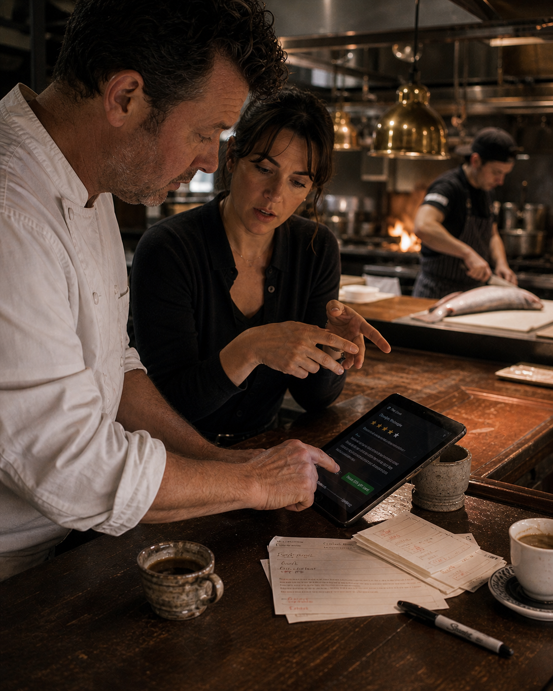 Chef and floor manager leaning in over a tablet in the open kitchen between services, approving a drafted reply with a $25 gift card