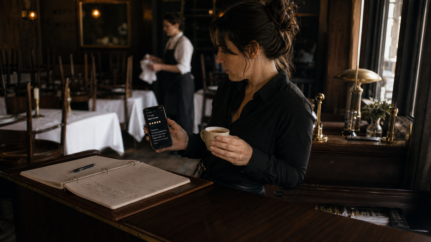 GM at the host stand mid-afternoon, glancing at a fresh review on her phone with quiet patience