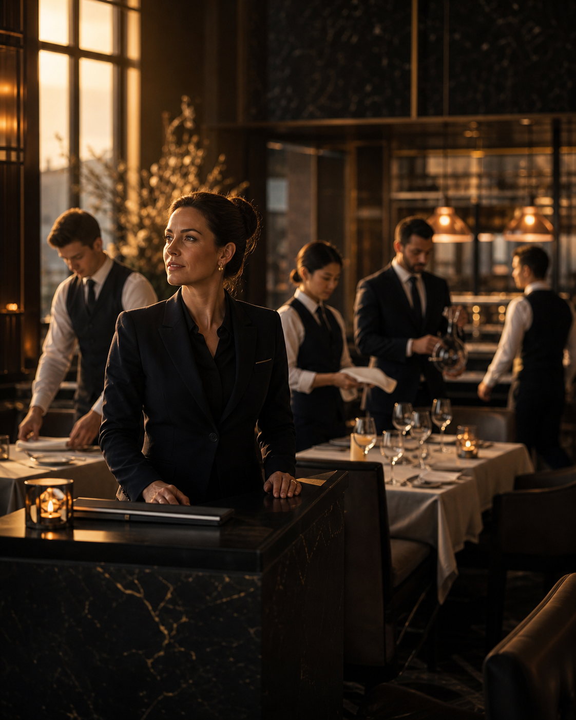 Composed floor manager at the host stand of a fine-dining room before service, perfectly staffed crew at work behind her