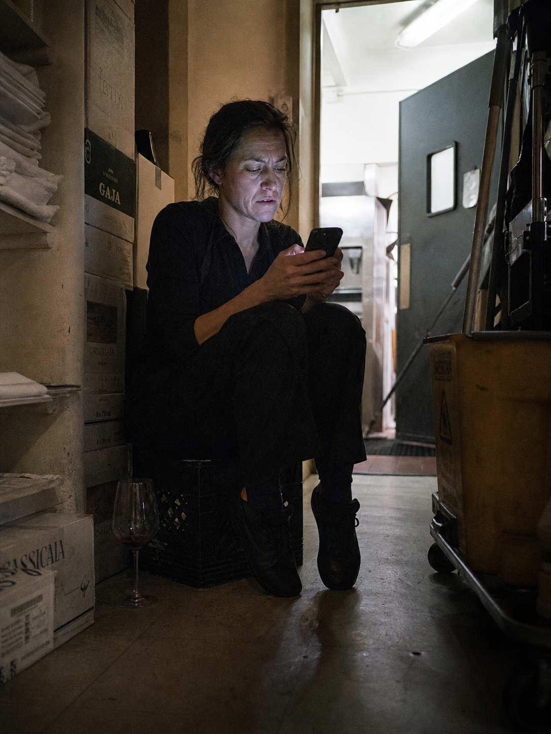 GM in service blacks sitting on a milk crate in a back hallway after close, thumb-typing a social caption on her phone