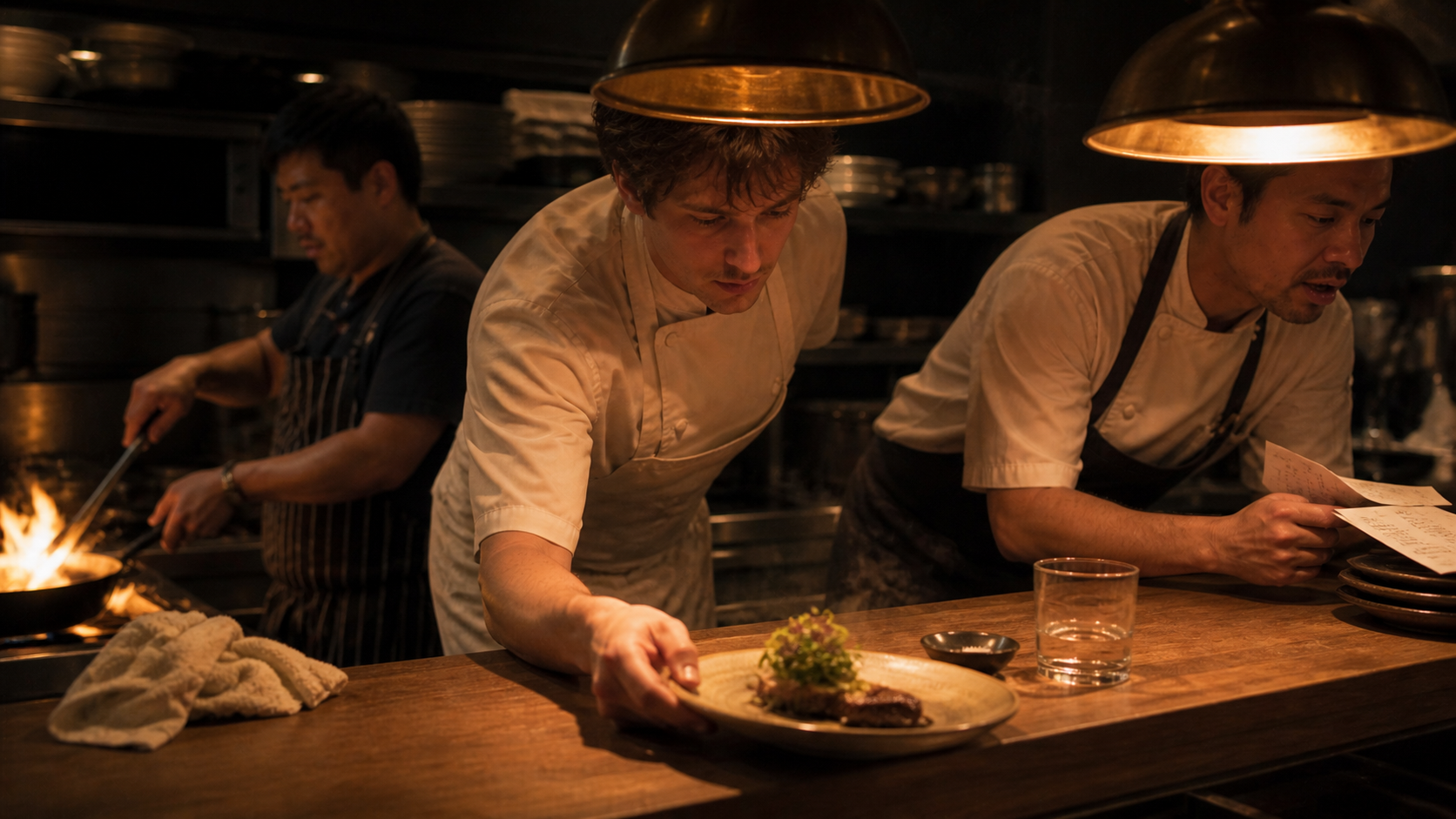 Wide shot across the open kitchen during fine-dining service: chef setting a finished plate down, chef de cuisine calling a ticket, line cook working a flame behind