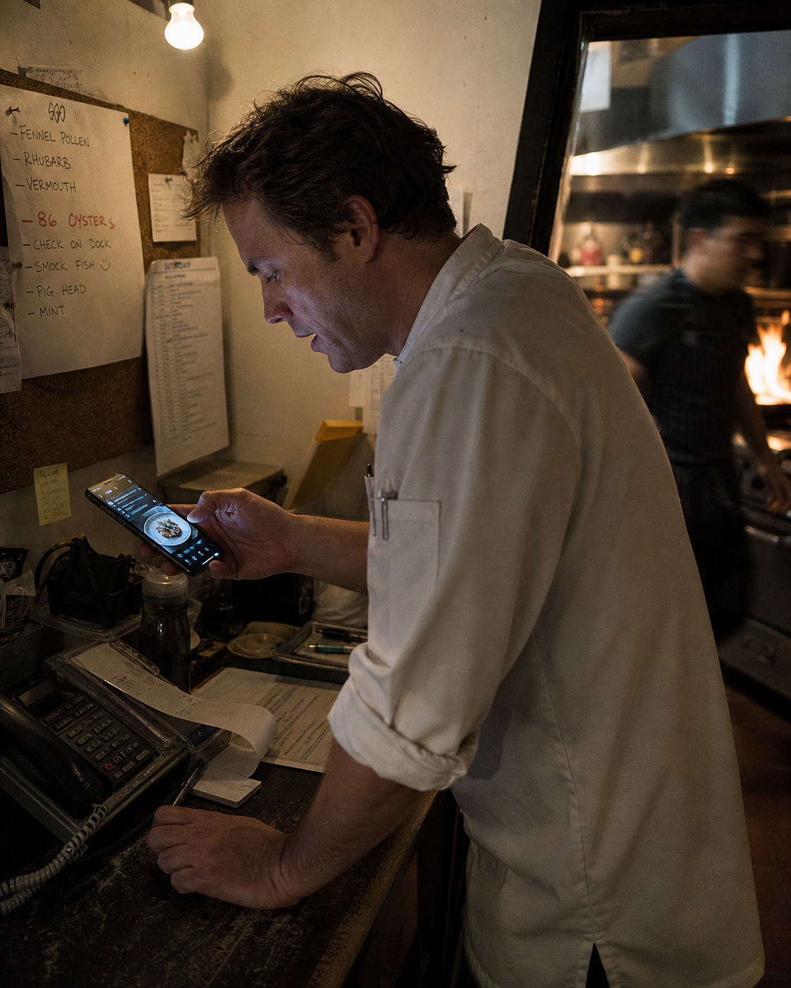 Chef in his small office between fires, glancing at a draft social post on his phone for ten seconds before tapping approve