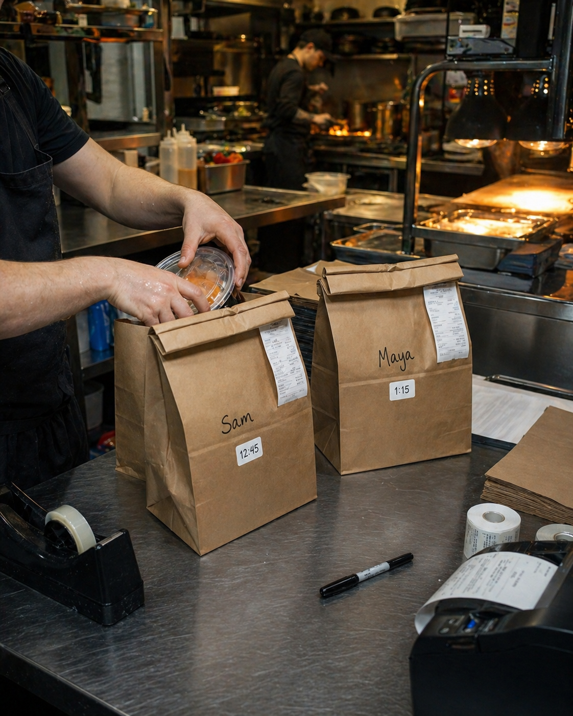 Branded takeout bags lined up